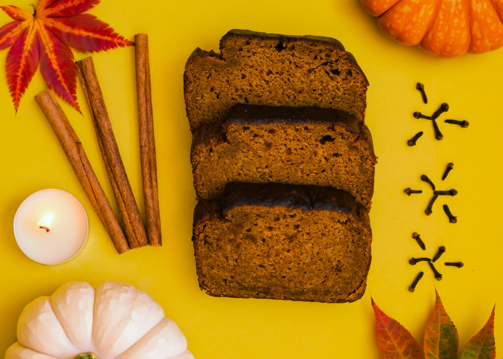This image is to display this Wonderfull pumpkin bread in a autumn setting.